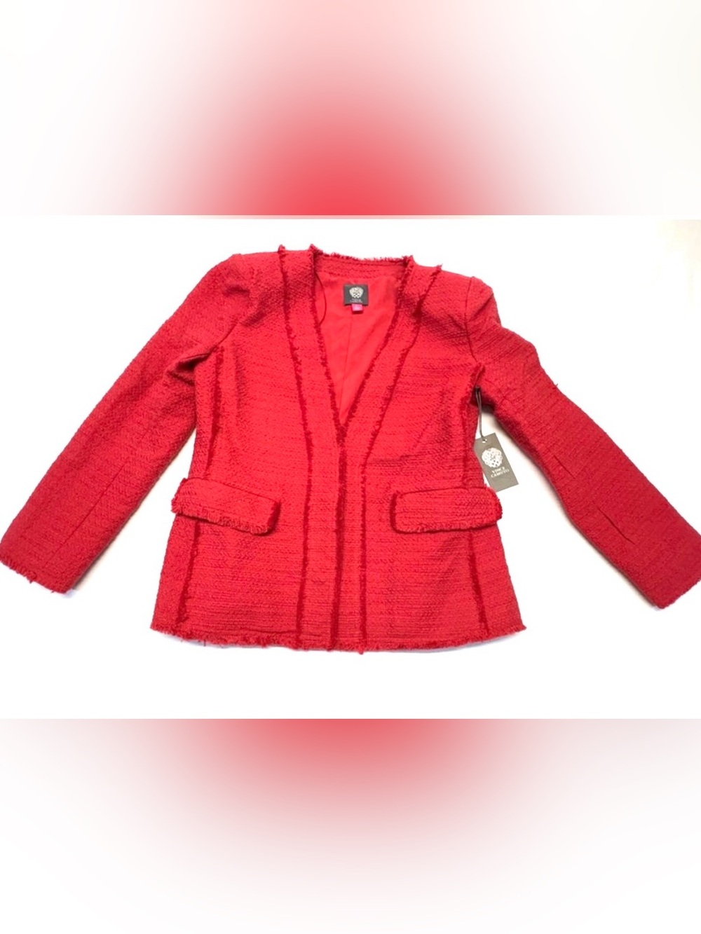 NWT Vince Camuto Rhubarb Red Bouclé Fringe Open Blazer Jacket Small S $189 USD
